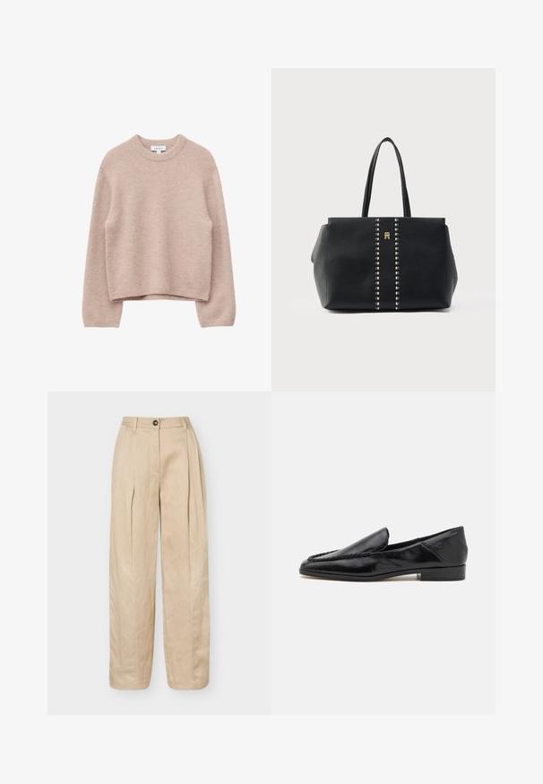 Suéter beige de punto con cuello redondo, mangas largas, dobladillo ligeramente cropped y puños y cuello acanalados.; Pantalones beige de pierna ancha con pliegues delanteros, trabillas para cinturón, cierre de botón y acabado liso.; Mocasines de cuero negro con un acabado suave, que presentan un diseño cosido a lo largo del borde frontal y un tacón bajo y cuadrado.; Bolso tote de cuero negro con superficie texturizada, con filas verticales de tachuelas metálicas y un detalle de logotipo dorado en la parte frontal.