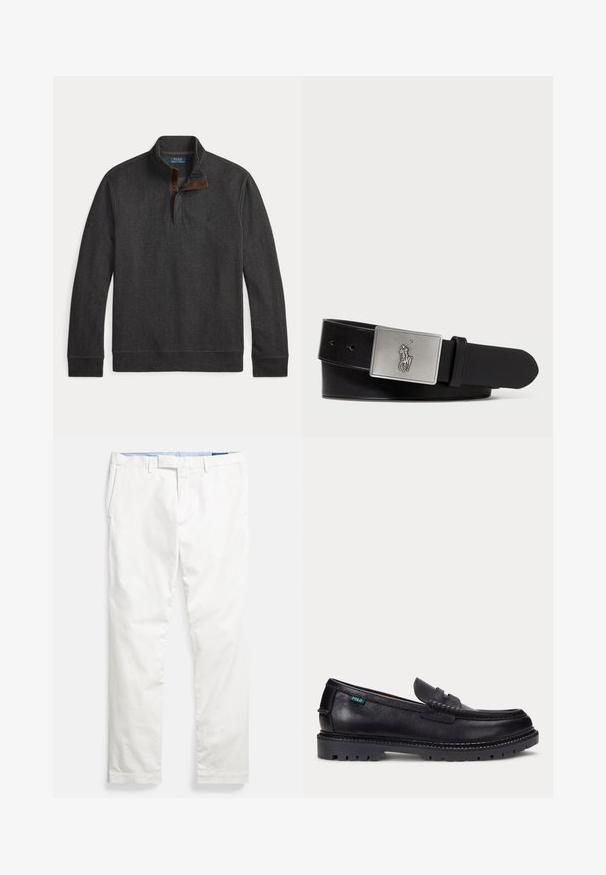 Mørkegrå fiskeben langærmet pullover med kvart lynlås og brun ruskindskant på kraven fra Polo Ralph Lauren.; Hvide bomulds-chinos med flad front, bæltestropper, sidelommer og en glat tekstur, med en blå indvendig linning.; Sort læderloafer med tyk, mønstret sål og lille grøn "Polo"-mærke på ydersiden nær hælen.; Sort læderbælte med en rektangulær sølvmetalspænde med et præget hestebuddy-logo, glat tekstur og fem hul til spænde.