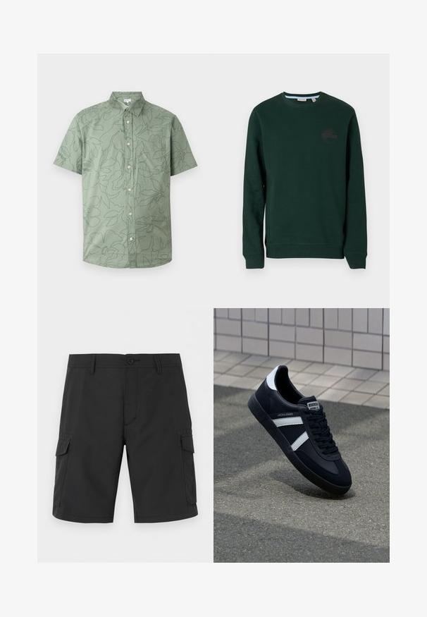 Sweat-shirt vert foncé en mélange de coton, avec un col rond, des manchons longs, des poignets côtelés et un logo discret sur la poitrine.; Chemise à manches courtes vert clair avec des contours floraux foncés subtils et une poche poitrine, affichée sur un fond uni.; Short cargo noir longueur genou avec passants de ceinture, fermeture à boutons, poches avant et poches à rabat des deux côtés.; Sneaker en cuir noir avec des rayures blanches, semelle en caoutchouc texturée et devant à lacets. Présente une étiquette de marque sur la languette.