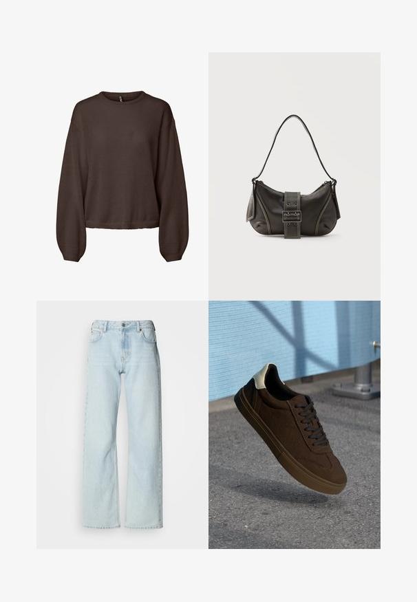 Bruin gebreid vest met lange mouwen, geribde ronde hals, losse pasvorm en licht verkorte zoom, getoond op een effen witte achtergrond.; Lichtblauwe jeans met wijd uitlopende pijpen, gemaakt van denim. Voorzien van een klassiek ontwerp met vijf zakken, broekriemlussen en een knoopsluiting. Licht verweerde uitstraling.; Bruine suède lage sneakers met zwarte veters, voorzien van een witte hielcap en textuurdetails in de stiksels. Rubberen zool.; Zwarte leren schoudertas met gespsluiting aan de riem, afgeronde hoeken en contrasterende witte stiksels op een effen achtergrond.