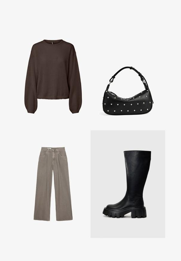 Pull en maille marron à manches longues, col rond côtelé, coupe ample et ourlet légèrement raccourci, présenté sur fond blanc uni.; Pantalon en denim gris à jambes larges et taille haute, avec bouton et fermeture éclair à l'avant, poches avant et passants pour ceinture, posé à plat sur fond blanc.; Bottes noires montantes en cuir lisse avec une semelle épaisse, dotées d'un bout arrondi, de panneaux latéraux élastiques et d'un détail de couture subtil.; Sac à bandoulière en cuir noir avec une forme courbée, orné de clous en argent sur le devant et d'une finition texturée. Dispose d'une poignée unique.