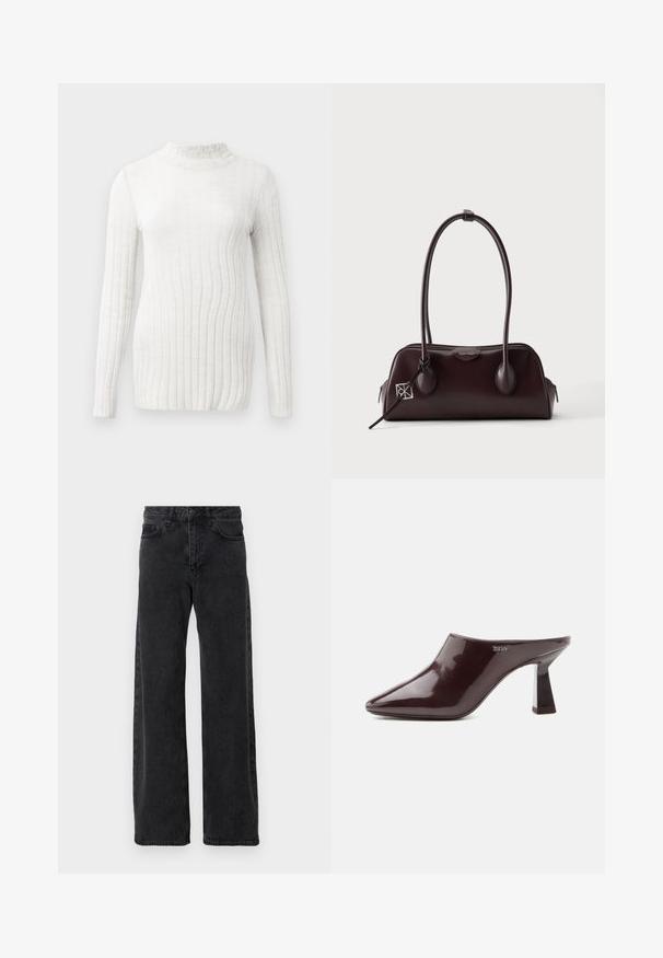 Langärmliges, hochgeschlossenes Oberteil in Creme mit strukturiertem Ribben. Verfügt über einen subtilen, weichen Stoff und eine taillierte Silhouette. Keine sichtbaren Muster oder Akzente.; Schwarze Denim-Jeans mit weitem Bein, klassischen fünf Taschenstil, Knopfverschluss und subtiler Waschung.; Glänzender dunkelbrauner spitzer Mule mit Blockabsatz und DKNY-Logo an der Seite, auf weißem Hintergrund dargestellt.; Dunkelbraune Calvin Klein Handtasche mit zwei langen Henkeln, silbernem Logocharm und glatter, strukturierter Form, vor weißem Hintergrund dargestellt.