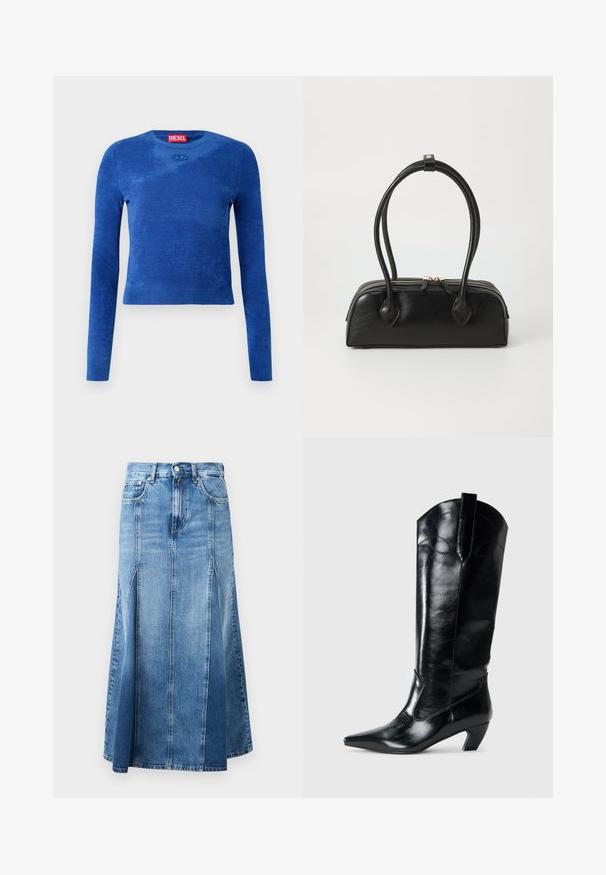 Blå langærmet cropped sweater med rund hals, subtil tekstur og lille oval logoemblem under halsudskæringen.; Denim nederdel med en lys til mørk blå gradient, knælængde, med lige snit, frontslids og klassisk knap- og lynlås-lukning.; Sorte læderknæhøje støvler med spids tå, lav hæl og dekorative syninger på siderne. Glat, blank overflade.; Sort læder håndtaske med to langstrakte håndtag, lynlåslukning og afrundet form; glat tekstur med en subtil blank finish.