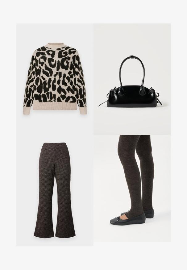 Suéter beige con un atrevido estampado de leopardo negro, con un cuello redondo y puños y dobladillo de canalé para un sutil textura.; Pantalones negros acampanados hechos de un tejido texturizado con un diseño de punto, que cuentan con una cintura alta y piernas anchas.; Piernas con leggings oscuros acanalados combinados con bailarinas negras que presentan pequeños detalles de lazo sobre un fondo blanco.; Pequeño bolso negro brillante con dos asas largas y detalles de cordón lateral sobre un fondo claro liso.