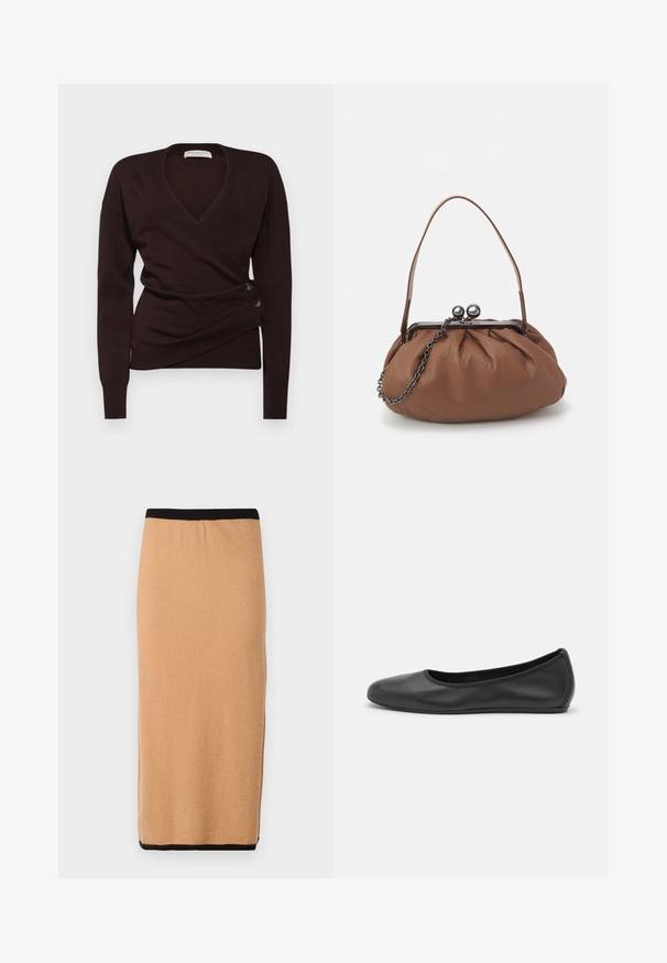 Tumepruun ümbermähkekampsun, mis on valmistatud pehmest kangast, sügava V-kaelusega, pikkade varrukatega ja külgedel dekoratiivsete nööpidega sulgemiseks.; Knee-length, camel color knit seelik musta elastse kummiga ja sileda tekstuuriga. Lihtne disain, ilma nähtavate mustrite või aktsentideta.; Musthave mustika tantsutossud mustast nahast, ümmarguse varbaga, siledast tekstuurist, minimaalse õmblusdetailiga ja paindliku tallakujundusega.; Pruuni nahast käekott, millel on kokkuvõetud disain, lühike nahkstang ja kettrihm. Omab hõbedast metallist klambrit, millel on kaks ümmargust aktsenti.