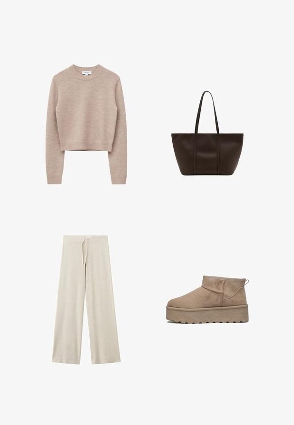 Beige kort trøje lavet af blødt strikmateriale. Har en rund ribkant ved halsen og ribbede manchetter med en diskret tekstur.; Beige strikkede bukser med vide ben og snøre i taljen, lavet af blødt, let stof.; Beige suede ankelstøvle med rund tå, elastisk krave og en tykk platformsål med dybe riller for greb. Flad, strømlinet design.; Stor mørkebrun læder-tote med to lange hanke, enkelt design, glat tekstur og ingen synlige logoer eller udsmykninger.