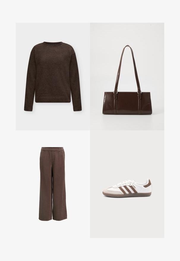 Pull marron foncé à col rond, manches longues, poignets et bord-côte, présenté à plat sur un fond clair.; Pantalon marron à jambes larges en tissu doux, avec une taille mi-haute, une fermeture éclair frontale dissimulée, et une texture lisse.; Baskets Adidas Samba blanches avec des bandes en daim marron, semelle en caoutchouc marron et bout en daim beige, vues du côté extérieur sur un fond uni.; Sac à main en cuir verni marron de forme rectangulaire, avec deux longues poignées et des accents courbés subtils à l'avant.