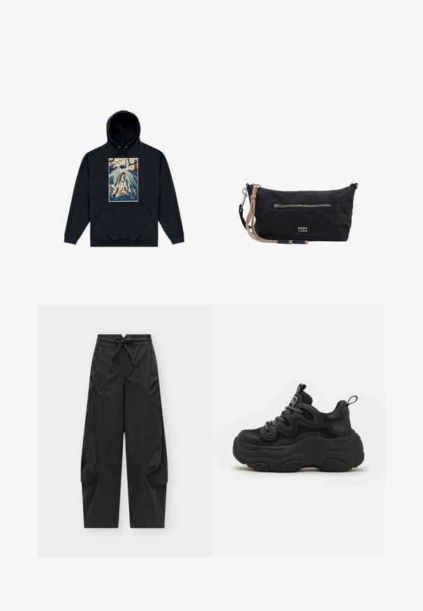 Schwarzer Hoodie mit einem zentralen Grafikdruck, der eine japanisch inspirierte Illustration einer Figur zwischen Wellen und Wolken zeigt. Kordeln an der Kapuze.; Schwarze Cargohose mit elastischem Kordelzugbund, mehreren Front- und Seitentaschen und locker sitzenden geraden Beinen vor einfarbigem Hintergrund.; Schwarzer Sneaker mit chunky Design, featuring einem strukturierten Obermaterial, Mesh-Einsätzen und einer dicken Gummisohle. Reflexionsschnürsenkel und sichtbare Markendetails.; Schwarze rechteckige Handgelenktasche mit vorderer Reißverschlusstasche, beigem Handgelenksriemen mit blauen Perlen und kleinem "BIMBA Y LOLA"-Logo.
