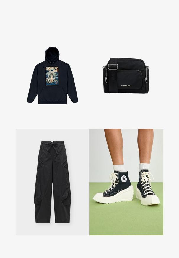 Hoodie noir avec un graphisme central représentant une illustration de style japonais d'une figure au milieu de vagues et de nuages. Cordons à la capuche.; Pantalon cargo noir avec taille élastique à cordon, nombreuses poches avant et latérales, et jambes droites et amples sur fond uni.; Baskets montantes noires avec une semelle plateforme blanche surélevée, dotées de lacets blancs et d'un logo arrondi sur le côté. Matériau en toile texturée.; Sac à épaule en nylon noir avec des zippers argentés, une sangle réglable, deux poches avant, et le logo "BIMBA Y LOLA" en blanc sur le devant.