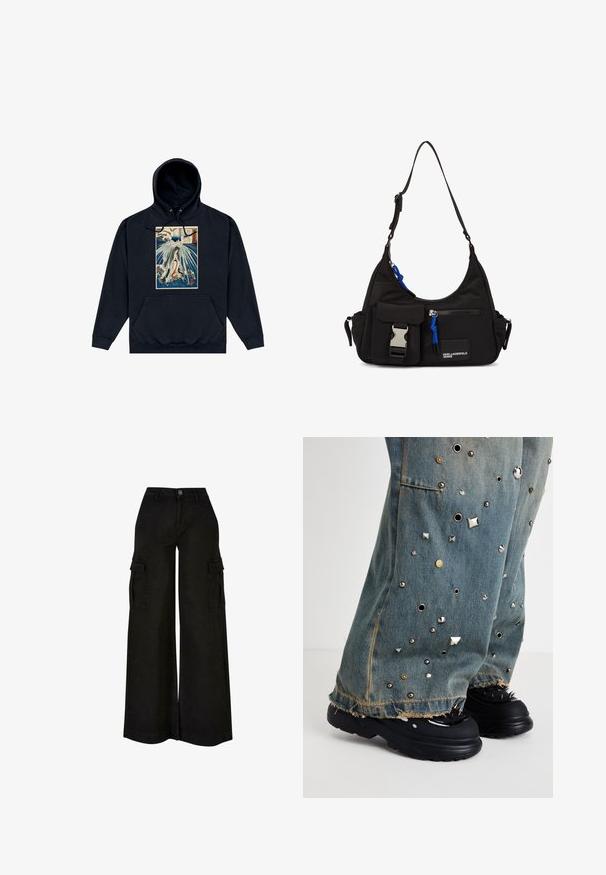 Sudadera negra con un gráfico central que presenta una ilustración de estilo japonés de una figura entre olas y nubes. Cuerdas en la capucha.; Pantalones cargo negros de pierna ancha con cintura alta, botón delantero, cremallera, trabillas para cinturón y bolsillos con solapa en ambos muslos.; Pantalones de mezclilla acampanados con tachuelas metálicas y ojales. Dobladillo deshilachado y bolsillos visibles. Llevados con zapatos negros de suela gruesa que presentan picos.; Bolso de hombro negro de nylon con forma curvada, correa ajustable, bolsillo frontal con cierre, acento azul y detalle de logo.