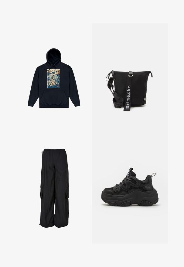 Zwarte hoodie met een centrale grafiek van een Japanse stijl illustratie van een figuur te midden van golven en wolken. Koordjes bij de capuchon.; Zwarte cargobroek met wijde pijpen, elastische tailleband, zijflapzakken en verstelbare trekkoorden in taille en zoom.; Zwarte sneaker met een chunky ontwerp, voorzien van een gestructureerde bovenkant, mesh panelen en een dikke rubberen zool. Reflecterende veters en merkdetails zijn zichtbaar.; Zwarte nylon schoudertas met een ritssluiting, een gestructureerde schouderband met een patroon en een logolabel aan de voorkant. Inclusief verstelbare schouderband.
