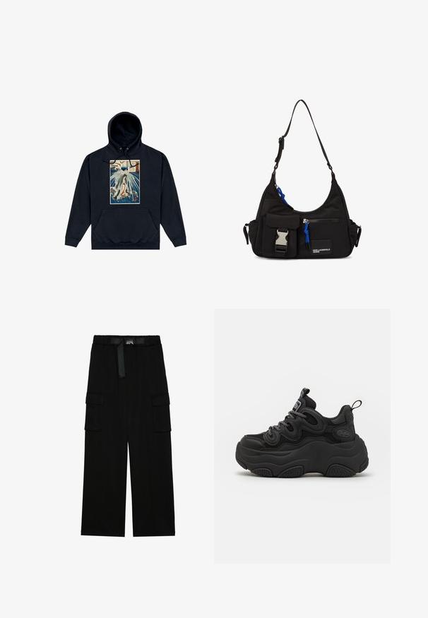 Sudadera negra con un gráfico central que presenta una ilustración de estilo japonés de una figura entre olas y nubes. Cuerdas en la capucha.; Pantalones cargo negros con un diseño de pierna ancha, cinturilla elástica con un cinturón y dos grandes bolsillos laterales para almacenamiento.; Zapatilla negra con un diseño voluminoso, que presenta una parte superior texturizada, paneles de malla y una suela de goma gruesa. Cuerdas reflectantes y detalles de marca visibles.; Bolso de hombro negro de nylon con forma curvada, correa ajustable, bolsillo frontal con cierre, acento azul y detalle de logo.