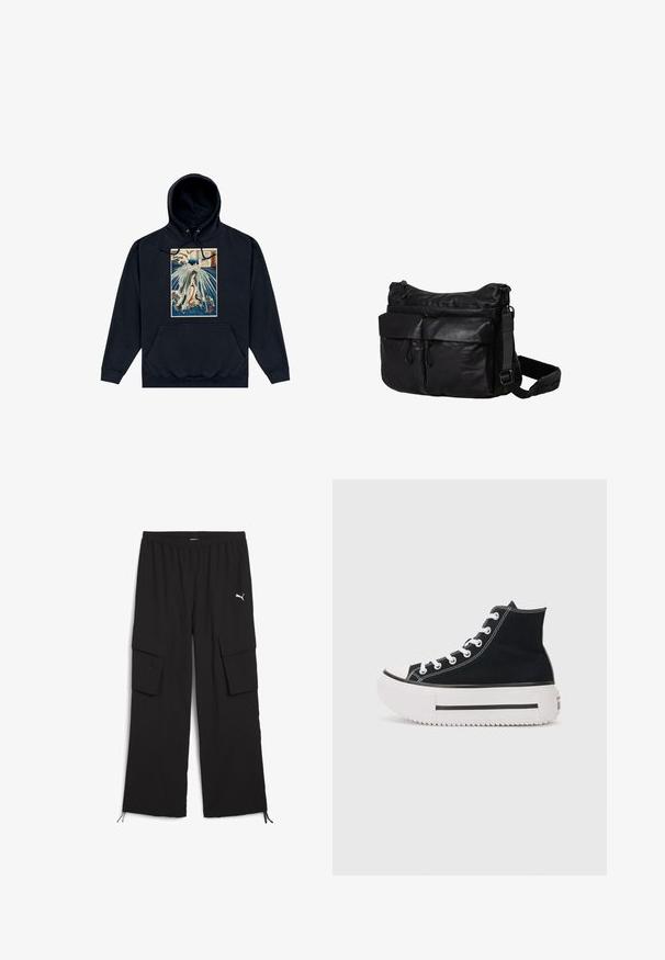 Zwarte hoodie met een centrale grafiek van een Japanse stijl illustratie van een figuur te midden van golven en wolken. Koordjes bij de capuchon.; Zwarte cargobroek met een wijd design, elastische tailleband, twee zijzakken en trekkoord bij de pijpen. Bevat een klein wit logo.; Zwarte hoge sneakers van canvas, met witte stiksels, rubberen neuskap, dikke witte plateauzool en zwarte streepdetails.; Zwarte messenger bag van duurzaam materiaal, met een hoofdritscompartiment, twee frontzakken, een verstelbare schouderband en subtiele branding.
