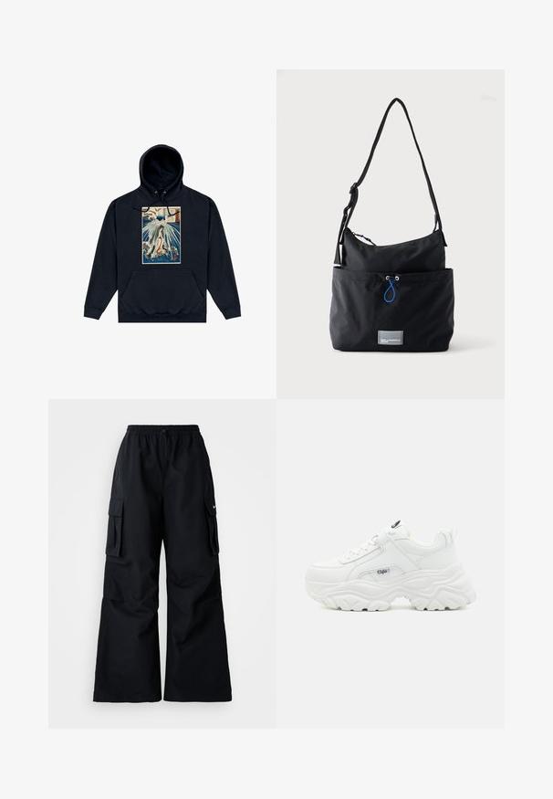 Zwarte hoodie met een centrale grafiek van een Japanse stijl illustratie van een figuur te midden van golven en wolken. Koordjes bij de capuchon.; Zwarte cargobroek met wijde pijpen, elastische tailleband, verstelbaar trekkoord en twee steekzakken. Gemaakt van een gladde, lichte stof.; Witte chunky sneakers met een soepel leren bovenwerk, ronde neus en een dikke, gestructureerde zool met een zichtbaar merklogo aan de zijkant.; Zwarte stoffen schoudertas met verstelbare band, voorvak met blauwe trekkoord en kleine rechthoekige logopatch aan de onderkant.