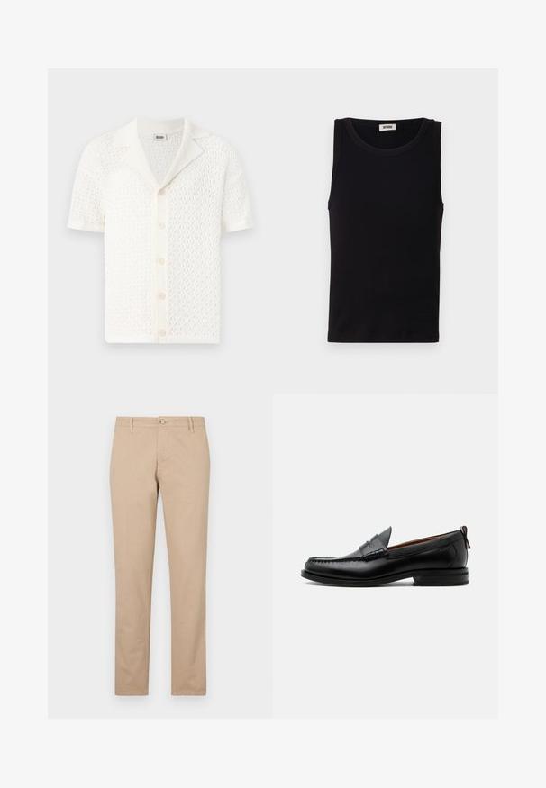 Cárdigan de punto blanco de manga corta con un diseño de tejido abierto y texturizado y un cuello clásico. Presenta seis botones en el cierre frontal.; Top sin mangas negro hecho de algodón suave. Cuenta con un escote redondeado y un corte recto, con detalles de costura mínimos.; Pantalones beige de algodón con corte recto, que cuentan con un cierre frontal de botones, bolsillos laterales y detalles de textura sutil.; Mocasín de hombre de piel negra con costura moc toe, tira penny, cuello texturizado y tacón bajo apilado sobre fondo blanco.