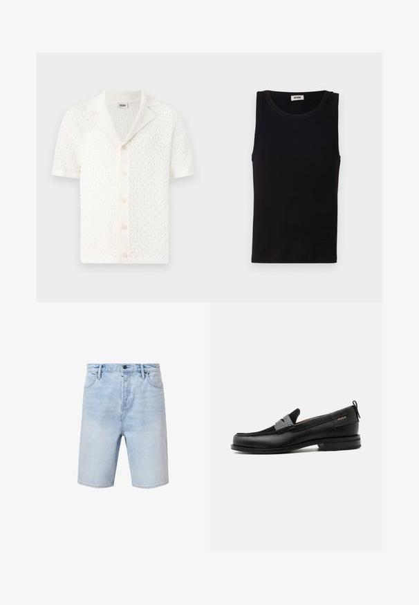 Kortærmet, hvid strikket cardigan med et tekstureret, åbent vævdesign og klassisk krave. Har seks knaplukninger foran.; Sort sansædet tanktop lavet af blød bomuld. Har en rund halsudskæring og lige pasform, med minimal syningdetalje.; Lyseblå denimshorts med regular fit, fem-lomme design og knaplukning. Har subtilt slid og syet kant.; Sort læderloafer med grå remdetalje, lav hæl og tekstureret sål, mærket med "HUGO" i guld på siden.