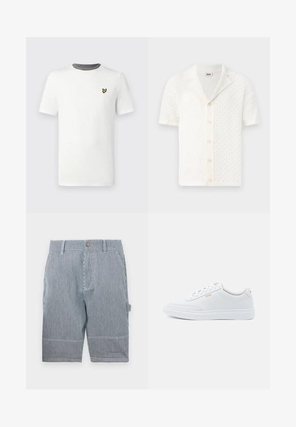 Kurzärmelige, weiße Strickjacke mit einem strukturierten, offenen Gewebemuster und einem klassischen Kragen. Verfügt über sechs Knopfverschlüsse vorne.; Weißes Baumwoll-T-Shirt mit rundem Hals, kurzen Ärmeln und grauem Halsausschnitt; auf der Brust befindet sich ein kleines gelbes gesticktes Logo.; Gestreifte Shorts in Marineblau und Weiß, mit Gürtelschlaufen, Knopfverschluss, zwei Seitentaschen und geradem Schnitt, der knapp über dem Knie endet.; Weiße Leder-Sneaker mit glatter Textur, runder Zehenpartie und tonal abgestepptem Design. Mit blauen Schnürsenkeln und einem goldenen Logo an der Seite.