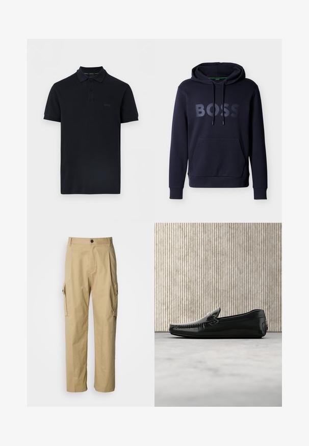Sweat à capuche bleu marine avec poche avant, capuche à cordon de serrage et inscription « BOSS » en grandes lettres sur la poitrine.; Polo noir à manches courtes avec deux boutons et "BOSS" brodé sur le côté gauche de la poitrine.; Pantalon cargo beige en tissu résistant, avec une coupe décontractée, des poches latérales et une fermeture par bouton à la taille.; Mocassins en cuir noir avec une finition brillante, bout rond et quincaillerie décorative à l'avant. Semelle en caoutchouc à profil bas. Texture lisse.