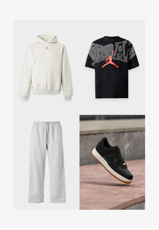 Sweat com capuz cinza claro com bolso frontal e pequeno logótipo Jumpman vermelho centrado abaixo do decote.; T-shirt preta de algodão com o texto em branco "JORDAN" em destaque e um gráfico em silhueta vermelha de um jogador de basquetebol em salto. Decote redondo, mangas curtas.; Calças de treino cinza claro com cintura elástica, feitas de uma mistura suave de algodão, apresentando pernas largas e uma textura suave. Sem bolsos visíveis.; Tênis preto de cano baixo com entressola branca, sola de borracha amarelada e logo Nike Swoosh, a flutuar acima de uma superfície de betão cor-de-rosa com um muro de pedra ao fundo.