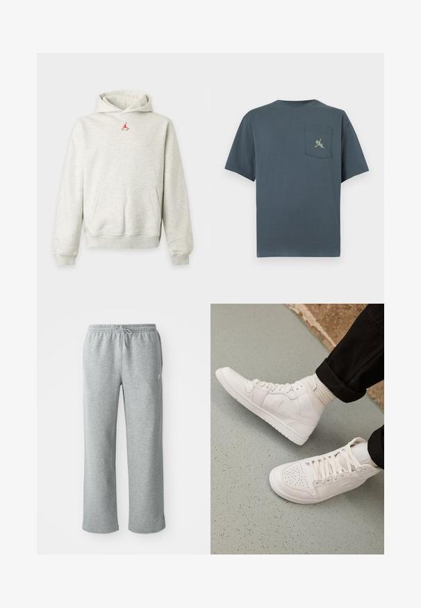 Light gray hooded sweatshirt with front pocket and small red Jumpman logo centered below the neckline.; Dark gray short-sleeve T-shirt with a small chest pocket featuring a minimal abstract yellow and white line design.; Gray cotton sweatpants with an elastic waistband, drawstring closure, and straight legs. Features a small logo on the upper left side.; White high-top sneakers made of smooth leather with perforated toe, lace closure, and subtle logo detail on the side. Textured rubber sole.