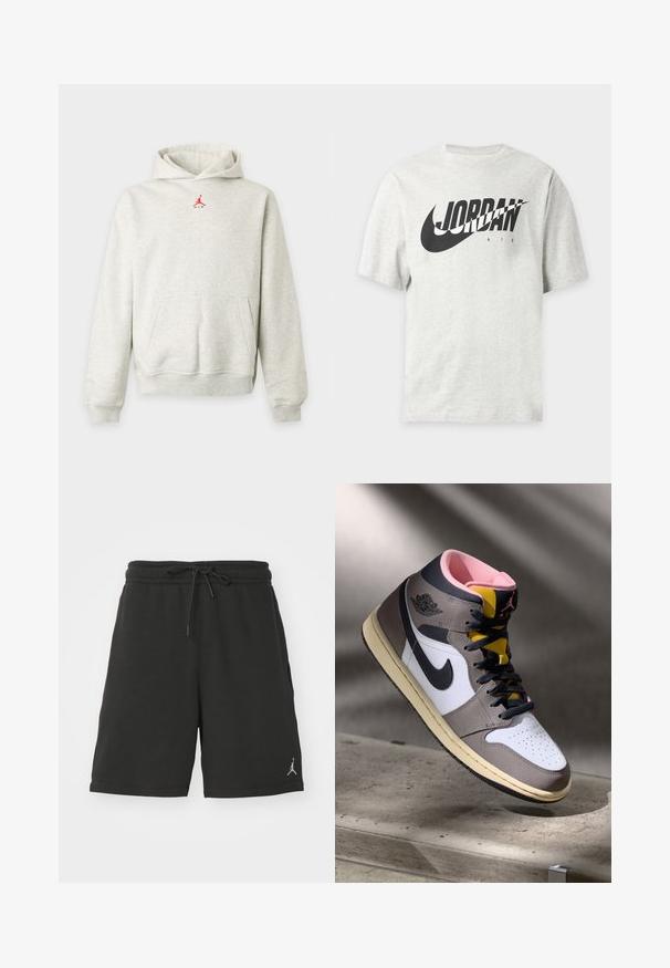 Lysegrå hættetrøje med forlomme og lille rød Jumpman-logo centreret under halsudskæringen.; Lysegrå kortærmet t-shirt med sort Nike swoosh og "JORDAN AIR" tekst på fronten.; Sort atletisk shorts lavet af blødt stof, med elastisk talje og snøre, sidelommer og et lille logo på venstre ben.; Høj-top Nike Air Jordan sneaker i hvid, grå og sort med pink indvendigt og gul tunge, placeret på en betonoverflade.