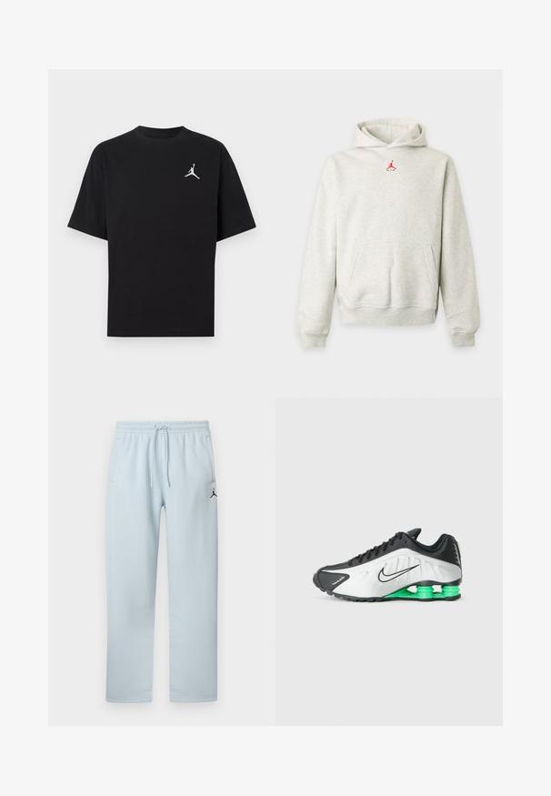 Svetlo siva kapucar s sprednjim žepom in majhnim rdečim logotipom Jumpman, poravnan pod izrezom za vrat.; Črna bombažna majica s kratkimi rokavi, na levi strani prsi pa je bel logotip Jumpman. Okrogli izrez, redni kroj in gladka tekstura.; Svetlo modre trenirka hlače iz mehke tkanine z elastičnim pasom z vrvico, dvema stranskima žepoma in črnim logotipom.; Črne in bele športne copate z zelenimi akcenti, s slogovnim dizajnom, teksturiranim zgornjim delom in značilno segmentirano podplatom.
