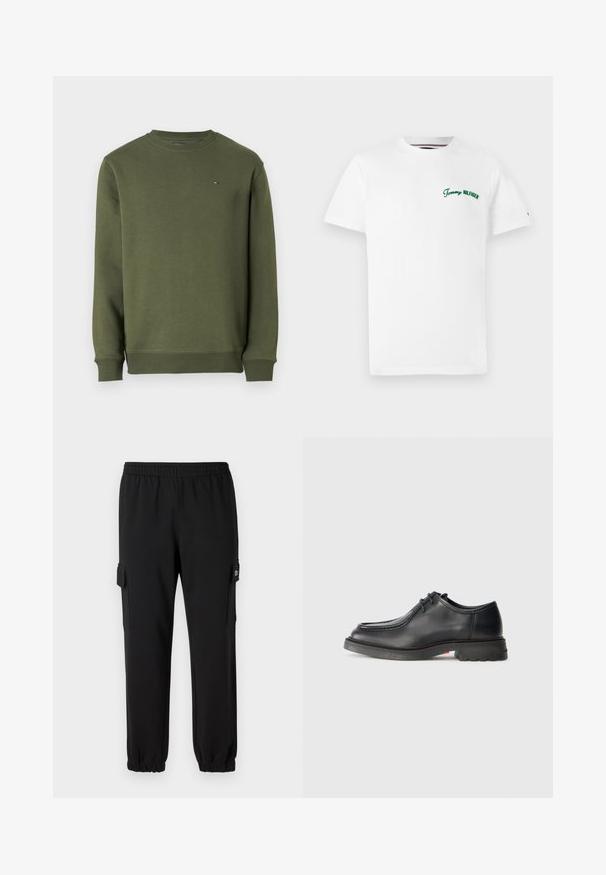 Olivgrüner Rundhalsausschnitt-Pullover mit langen Ärmeln, gerippten Bündchen und Saum sowie kleinem gesticktem Flaggenlogo auf der linken Brust.; Tommy Hilfiger AMERICAN CLASSICS TEE - T-Shirt print - white; Schwarze Sweatpants mit einem elastischen Bund, schmal zulaufenden Bündchen und seitlichen Cargo-Taschen. Hergestellt aus weichem Material mit einer glatten Textur.; Schwarzer Lederschuh mit glatter Textur, abgerundetem Zehenbereich und flacher, geprägter Naht. Dicke Gummisohle mit leichtem Absatz und rutschfester Musterung.