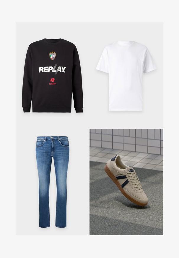 Schwarzer Sweatshirt mit "REPLAY"-Logo und dem Replay FC-Wappen, das drei Sterne und die Farben der italienischen Flagge in der Mitte auf der Vorderseite zeigt.; Weißes kurzärmeliges T-Shirt aus Baumwolle mit Rundhalsausschnitt, das eine glatte Textur und ein einfaches Design ohne Muster oder Akzente aufweist.; Blaue Jeans aus Denim mit geradem Schnitt, mit leichter Ausbleichung, fünf Taschen und einem Knopf- und Reißverschluss. Genähte Details entlang der Nähte.; Beige Sneaker mit strukturierter Oberfläche, dunkelblauen Streifen und Gummisohle. Verfügt über eine gepolsterte Zunge und ein traditionelles Schnürsystem für einen sicheren Sitz.