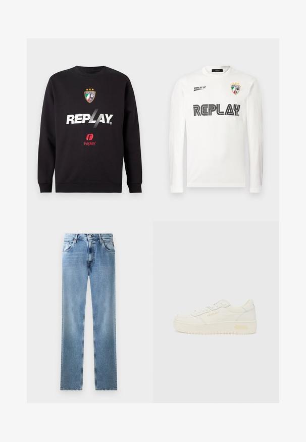 Sweatshirt noir avec le logo "REPLAY" et le blason de Replay FC, affichant trois étoiles et les couleurs du drapeau italien au centre avant.; Chemise blanche à manches longues avec le texte noir "REPLAY" sur la poitrine, petit texte "REPLAY FC" en haut à gauche, et un emblème en trois couleurs avec trois étoiles en haut à droite.; Jean droit en denim bleu clair avec poches, rivets en cuivre et fermeture à bouton. Présente un design décoloré et un ourlet soigné.; Baskets basses blanches avec lacets à l’avant, semelle épaisse et marquage subtil "REPLAY" sur le côté et le talon, vues de profil.