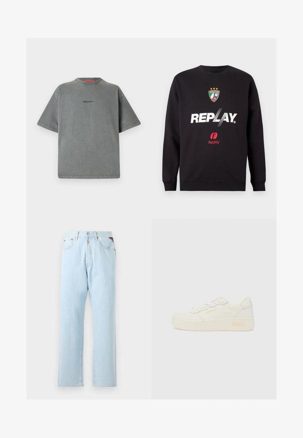 Zwarte sweatshirt met het "REPLAY" logo en het Replay FC-embleem met drie sterren en de kleuren van de Italiaanse vlag in het midden vooraan.; Replay Inc. T-shirt basic - stoned grey; Lichtblauwe denimjeans met een rechte pijpdesign. Voorzien van een knoop- en ritssluiting, vijf zakken en contrasterende stiksels.; Lage witte sneaker met veters aan de voorkant, dikke zool en subtiele "REPLAY" branding op de zijkant en hiel, getoond in profiel.