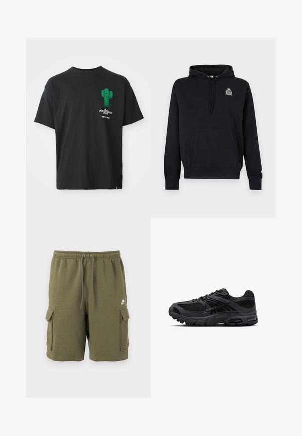 Sweat à capuche noir avec poche frontale, capuche avec cordon, petit logo blanc représentant un blason sur la poitrine et logo discret sur le bord de la manche gauche.; T-shirt noir à manches courtes avec un cactus cartoon vert et le texte blanc "Conditions Gear Big Bend, Texas" sur la poitrine gauche.; Shorts cargo Nike vert olive avec taille élastique, cordon de serrage ajustable, poches latérales à rabat, et petit logo Nike blanc sur la cuisse gauche.; Chaussure de course Nike noire et gris foncé avec tissu en mesh, empiècements en daim, semelle amortie et unités d'air visibles au talon et à l'avant-pied.