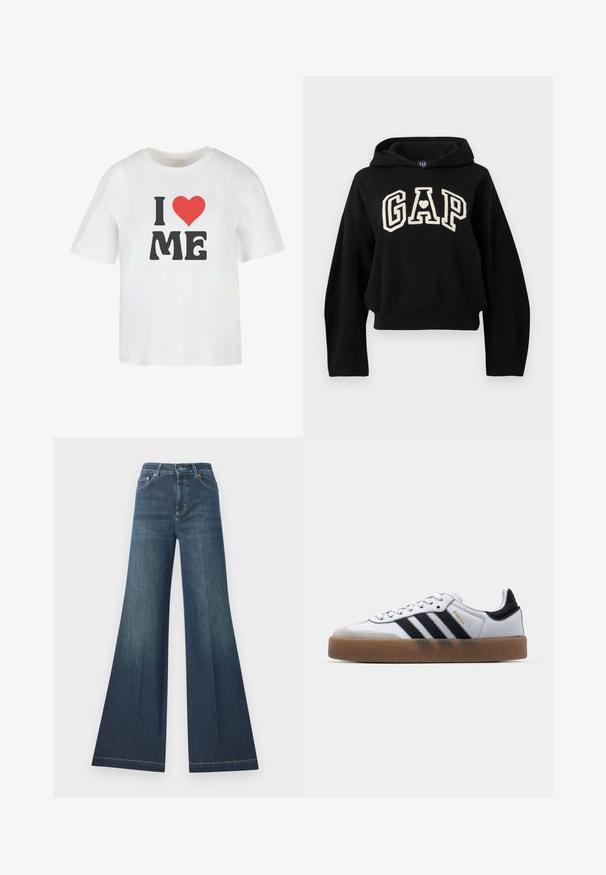 Sudadera corta negra con mangas extragrandes y un logo blanco de "GAP" que presenta un corazón dentro de la letra A en el pecho.; Camiseta de algodón blanca con manga corta, que presenta un texto en negro en negrita "I," un corazón rojo y "ME" en una fuente informal.; Jeans oscuros acampanados de tiro alto, hechos de mezclilla, con cierre de botón y costuras de contraste a lo largo de las costuras.; Zapatillas de cuero blancas con rayas negras, suela de goma, puntera redonda, cierre de cordones y caperuza de ante gris suave.