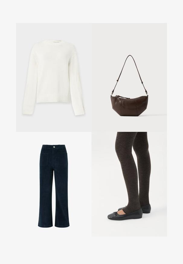 Witte gebreide trui met lange mouwen, geribde boorden, zoom en ronde hals, afgebeeld tegen een effen lichte achtergrond.; Navyblauwe corduroy broek met hoge taille, wijde pijpen, twee achterzakken en een sluiting met knoop aan de voorkant. Zachte textuur met een gladde afwerking.; Benen met donkere geribbelde leggings gecombineerd met zwarte ballerina's met kleine strikdetails op een witte achtergrond.; Bruine leren schoudertas met een gebogen onderkant en een verstelbare riem tegen een effen lichte achtergrond.