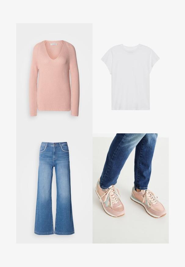 Lyserød v-hals sweater med lange ærmer, ribbet tekstur og en afslappet pasform. Lavet af blødt strikket stof, har diskrete syninger.; Hvid kortærmet t-shirt med rund hals, afslappet pasform, lavet af blødt bomuldsstof. Glat tekstur, ingen mønstre eller logoer.; Bredde ben blå jeans lavet af denim, med høj talje, dekorativ syning på lommerne og en falmet vask.; Lyserøde sneakers lavet af ruskind og læder, med lyseblå accenter, rund tå og hvide gummisåler. Snørebåndene er beige.