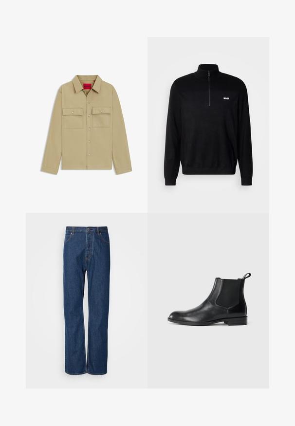 Sort pullover sweater med halv-zip krave, der har ribbet tekstur på skuldrene og et lille hvidt "BOSS" logo på brystet.; Beige skjorte med lange ærmer, to brystlommer og HUGO-logo. Har en klassisk krave og glat tekstur.; Blå denim jeans med lige ben, der har en knaplukning, fem lommer og kontraststikninger langs sømmene.; Sorte læder ankelstøvler med elastiske sidepaneler, rund tå og en trækloft. Glat tekstur, flad sål, minimalistisk design.