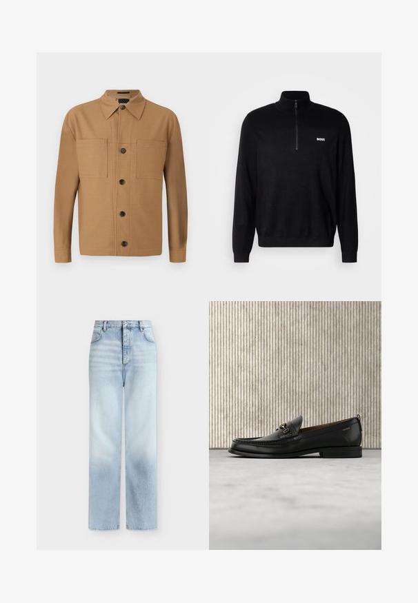 Sort pullover sweater med halv-zip krave, der har ribbet tekstur på skuldrene og et lille hvidt "BOSS" logo på brystet.; BOSS CRAIG - Skjorter - medium beige; Lyseblå, højtaljede jeans med rette ben, forlommer, bæltestropper og knaplukning.; Sort læderloafers med guldfarvet metaldekoration og "HUGO" branding, vist mod en beige tæppe og brunt gennemsigtigt møbel.