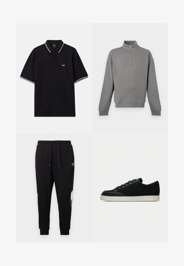 Sweat-shirt gris à manches longues avec fermeture éclair quart de zip, poignets et col côtelés, avec un logo embossé discret sur la poitrine.; Polo noir en coton, doté d'un col à deux boutons, avec des accents rayés blancs sur les manches et un logo sur la poitrine.; Pantalon de jogging noir avec ceinture élastique et cordon de serrage, doté de poches latérales, chevilles resserrées et petit logo blanc sur la partie supérieure de la cuisse.; Baskets noires avec un bout en cuir lisse, une tige en textile, des lacets plats et une semelle en caoutchouc blanche. Design minimaliste avec des détails contrastés.