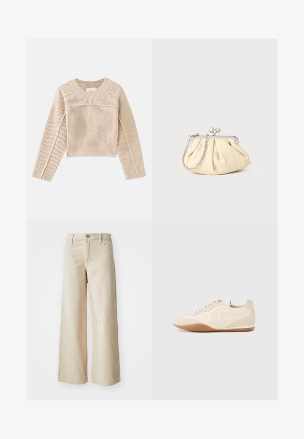 Beige, geripptes, verkürztes Strickoberteil mit langen Ärmeln, rundem Halsausschnitt und dekorativen Nähten entlang der Ärmelnähte.; Beige weite Jeans aus Denim, mit hoher Taille, Knopfverschluss, Gürtelschlaufen und Seitentaschen. Glatte Textur und bequemer Schnitt.; Hellbeige Sneaker mit strukturiertem Lederupper, strukturierten seitlichen Einsätzen und einer Gummisohle. Verfügt über ein schlankes, stromlinienförmiges Design und flache Schnürsenkel.; Faltige beigefarbene Ledertasche mit einem silbernen Metallrahmen, ausgestattet mit zwei runden dekorativen Verschlüssen und einem silbernen Kettenriemen.