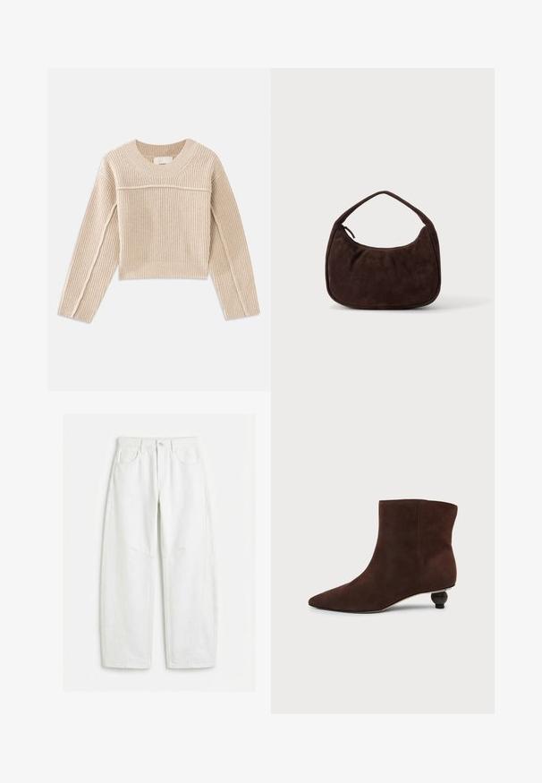 Pull court en tricot côtelé beige, à manches longues, avec un col rond et des coutures décoratives le long des manches.; Jean blanc à jambes droites avec poches avant, passants pour ceinture, fermeture par bouton et détails de coutures visibles.; Boots en daim marron foncé à bout pointu et petit talon rond décoratif sur fond clair uni.; Sac à main en daim marron foncé avec une courte sangle et une forme rectangulaire arrondie sur un fond uni clair.