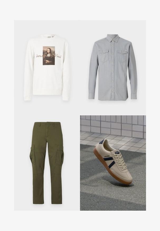 Sudadera blanca con una imagen impresa central de la Mona Lisa, con el texto "Leonardo Da Vinci" debajo en una fuente marrón suave.; Camisa vaquera de manga larga color gris claro, con cierre de botones en la parte delantera, dos bolsillos en el pecho con solapas y botones, y cuello puntiagudo.; Pantalones cargo verdes con múltiples bolsillos, incluyendo dos grandes bolsillos laterales con solapa, cierre de botones y presillas para cinturón en la cinturilla.; Zapatilla beige con acabado texturizado, rayas azul marino y suela de goma. Presenta una lengüeta acolchada y un sistema de cordones tradicional para un ajuste seguro.