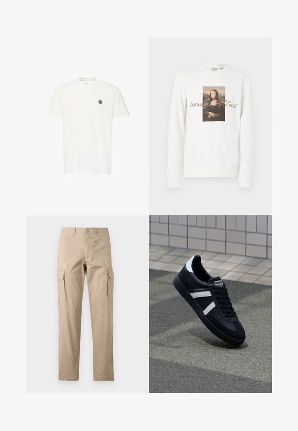 Witte trui met een centrale bedrukte afbeelding van de Mona Lisa, met de tekst "Leonardo Da Vinci" eronder in een zachte bruine lettertype.; Witte T-shirt met korte mouwen van katoen, met een klein zwart geometrisch logo op de linkerborst. Rechte snit en ronde hals.; Beige cargobroek gemaakt van katoen, met zijzakken, een recht model en een knoopsluiting bij de taille. Zachte textuur, casual stijl.; Zwarte leren sneaker met witte strepen, een gestructureerde rubberen zool en vetersluiting aan de voorkant. Voorzien van een merklabel op de tong.
