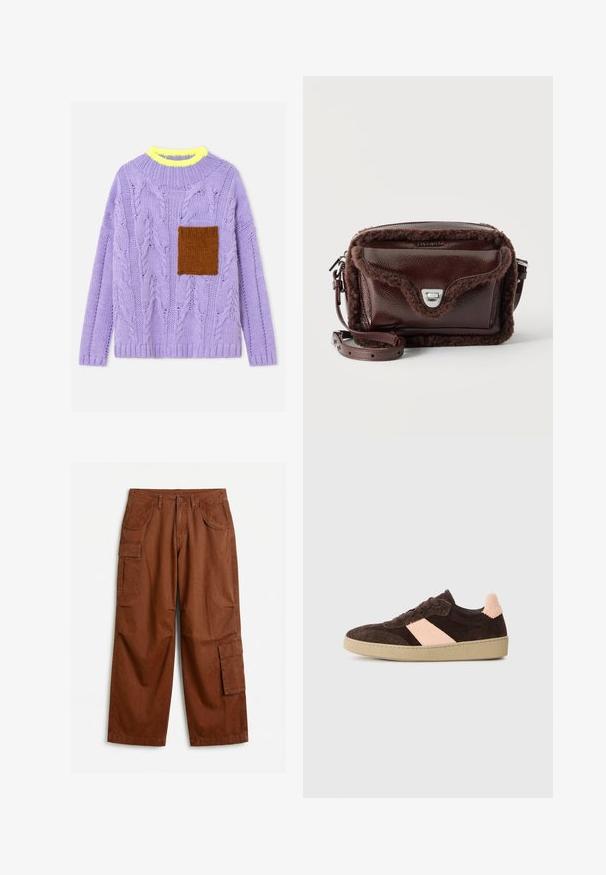 Pull en maille torsadée lavande avec un col côtelé jaune fluo et une poche en tricot marron sur la poitrine gauche.; Pantalon cargo marron à jambes droites avec fermeture à bouton, poches latérales à rabat et poches avant en biais, étalé à plat sur une surface blanche.; Baskets en suede marron avec une rayure diagonale rose clair, design à lacets, tige texturée et semelle en caoutchouc beige. L'arrière présente un accent texturé.; Sac bandoulière en cuir marron foncé avec bordure en shearling doux, poche avant à rabat avec fermoir argenté et bandoulière réglable.