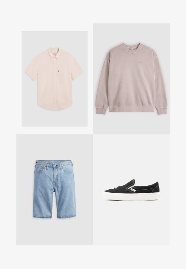 Lichtroze sweatshirt met lange mouwen en een ronde hals, met een klein Levi's-logo op de linkerborst en geribde boorden en zoom.; Korte mouwen lichtroze button-up shirt met een kraag, zakje op de linkerborst en een afgeronde zoom. Gemaakt van zachte stof met een minimale textuur.; Lichtblauwe spijkershort met voorzakken, riemlussen en knoopsluiting op een effen lichte achtergrond.; Zwarte Vans instapsneaker met witte rubberen zool, witte stiksels en elastische zijaccenten, gezien vanaf de buitenkant.