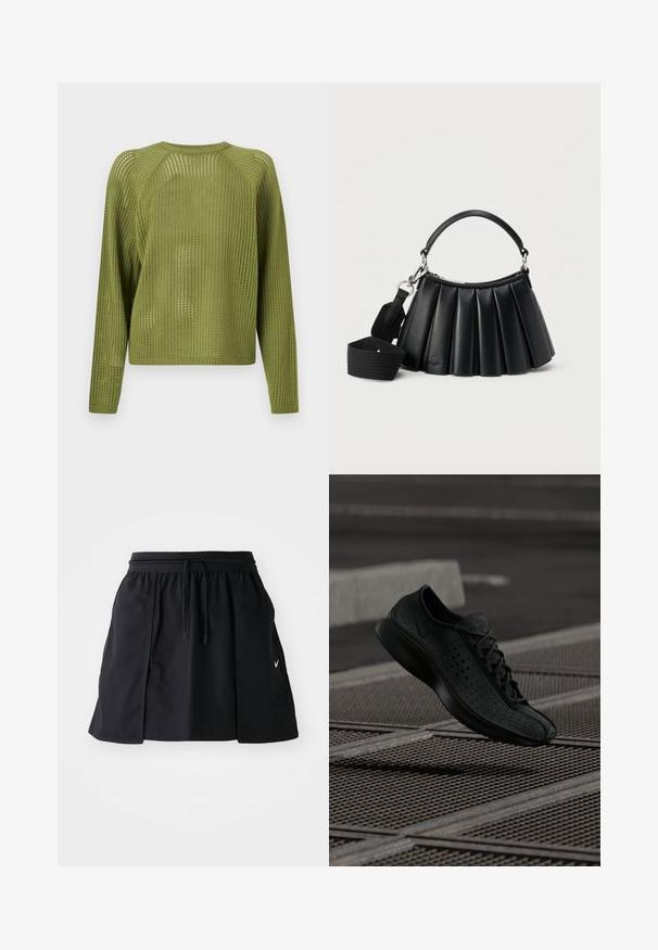 Lyse olivengrøn strikket sweater med lange ærmer, løs, åben vævning og ribbet rund halsudskæring, ærmekanter og kant forneden.; Sort sportskørt med elastisk talje og justerbar snor. Har sideslids, letvægtsstof og et lille logo på kanten.; Sort atletisk sko med perforeret overdel, rund tå og minimalistisk design. Har flade snørebånd og en polstret sål for komfort.; Sort læderhåndtaske med plissering, kort håndtag og aftagelig bred skulderrem i stof på hvid baggrund.
