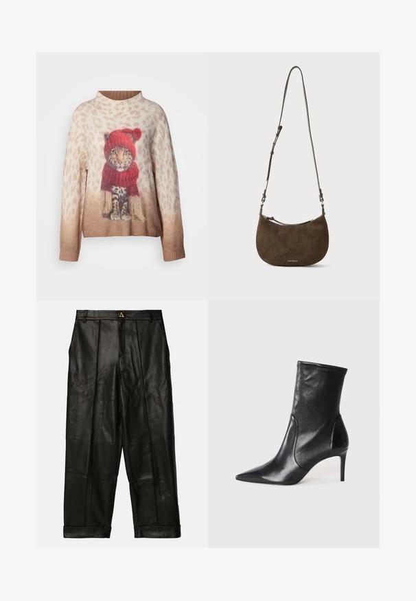 Gestrickter Pullover mit einer Illustration eines Leoparden, der einen roten Hut und Schal trägt, vor einem beigen Farbverlauf-Hintergrund mit Animal-Print-Design.; AERON ZIMA PANTS - Lederhose - black; Schwarze Stiefeletten aus glattem Leder, mit einer spitzen Zehe, schmalem Schaft und schlanker, hoher Ferse. Minimalistisches Design ohne sichtbare Beschläge.; Braune Wildleder-Schultertasche in Halbmondform mit verstellbarem Riemen und Reißverschluss, kleines weißes Markenlogo unten in der Mitte.