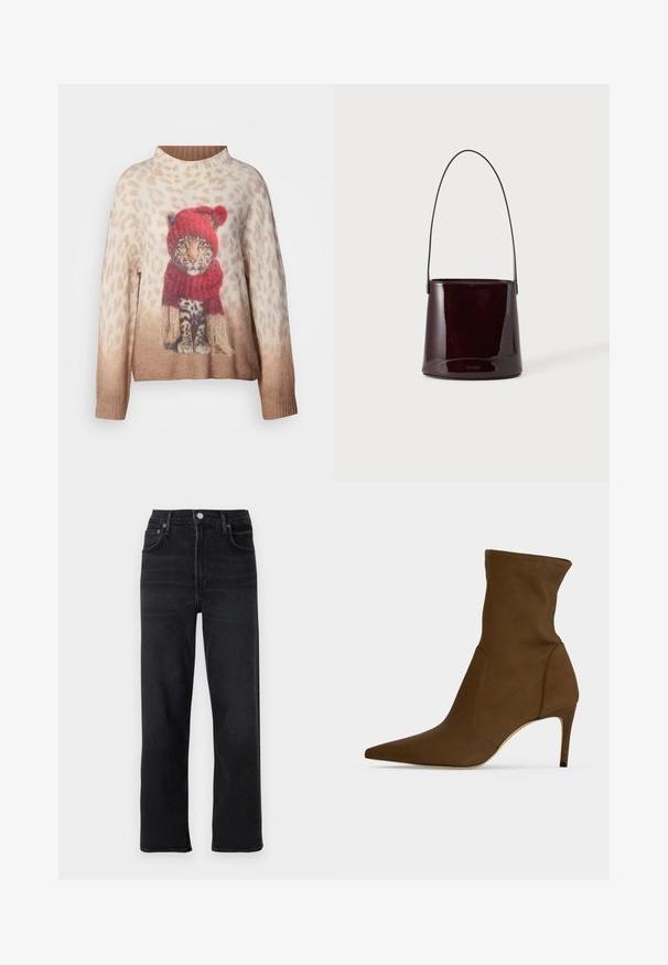 Pull tricoté avec une illustration de léopard portant un chapeau rouge et une écharpe, sur un fond dégradé beige avec un motif animalier.; Jeans droits noirs en denim. Comprend cinq poches, une fermeture à bouton et zip, et des détails de couture subtils.; Bottine marron à bout pointu avec un talon moyen-haut fin et une tige en tissu lisse.; Sac seau brun foncé brillant avec une longue sangle fine et des coutures visibles minimales sur un fond clair.