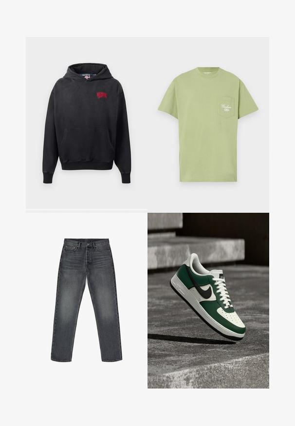 Schwarzer Hoodie mit einer Vordertasche, der ein rotes gesticktes Logo auf der oberen linken Seite trägt. Weicher Stoff und verstellbare Kapuze.; Hellgrünes Baumwoll-T-Shirt mit kurzen Ärmeln, rundem Ausschnitt und einer Brusttasche mit weißer Stickerei. Ein schlichtes, einfaches Design.; Graue Jeans aus Denim mit geradem Schnitt, fünf Taschen, Knopfverschluss und dezentem Verblassen. Verstärkte Nähte und Kupferakzente.; Grün-weißer Nike Air Force 1 Sneaker mit schwarzem Swoosh, schwebt über einer Betonoberfläche mit unscharfen Treppen im Hintergrund.