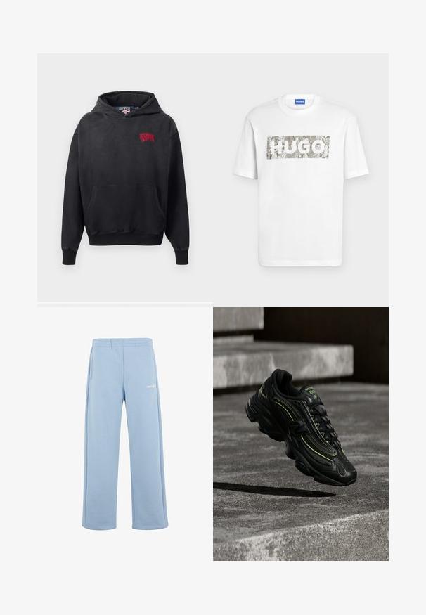 Sort hættebluse med en forlommer, der har et rødt broderet logo på den øverste venstre side. Blødt stof og justerbar hætte.; Hvid T-shirt med korte ærmer med et gråt slangehudsmønstret rektangulært logo med teksten "HUGO" på brystet og en blå label inde i kraven.; Lyseblå sweatpants fremstillet af en bomuldsblanding, med elastisk talje, sidelommer og et hvidt logo på venstre lår.; Sort New Balance sneaker med neon grønne accenter svævende over grå betontrin i dæmpet belysning.