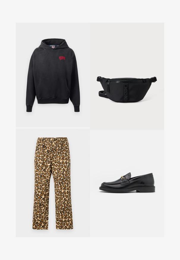 Hoodie noir avec une poche frontale, arborant un logo brodé rouge sur le côté supérieur gauche. Tissu doux et capuche ajustable.; Pantalons en imprimé léopard dans des teintes de beige, marron et noir. Dotés d'une taille élastique et d'un design décontracté à jambe droite. Tissu léger.; Mocassins en cuir noir avec un embout rond, présentant des accents en métal doré et des détails de couture, montés sur une semelle en caoutchouc texturé et basse.; Sac banane noir Moschino avec fermeture éclair frontale et sangle ajustable sur un fond uni clair.