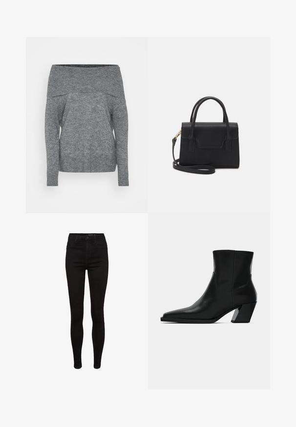Pull gris à épaule dénudée avec des manches longues, texture côtelée et coupe décontractée. Conçu en matériau tricoté doux.; Jean skinny en denim noir avec une taille haute, design à cinq poches, passants de ceinture et détails de couture subtils. Texture lisse, forme ajustée.; Bottine en cuir noir avec un bout pointu, une silhouette élégante et un talon carré massif. Texture lisse avec des détails de couture minimalistes.; Sac à main structuré noir en cuir avec une poignée supérieure, une bandoulière détachable et un détail à rabat à l'avant. Accents en matériel doré.